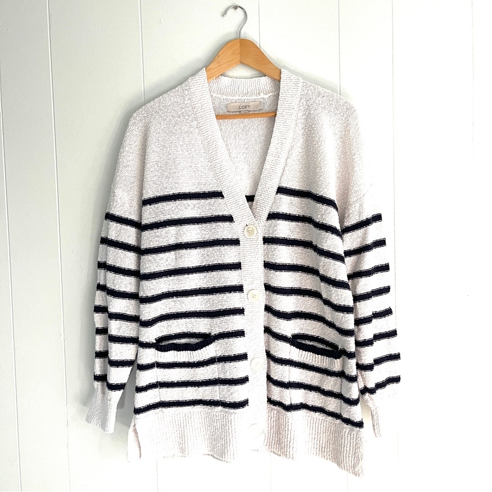 Loft V-Neck White Blue Striped Cardigan Sweater Pockets Large 100% Cotton